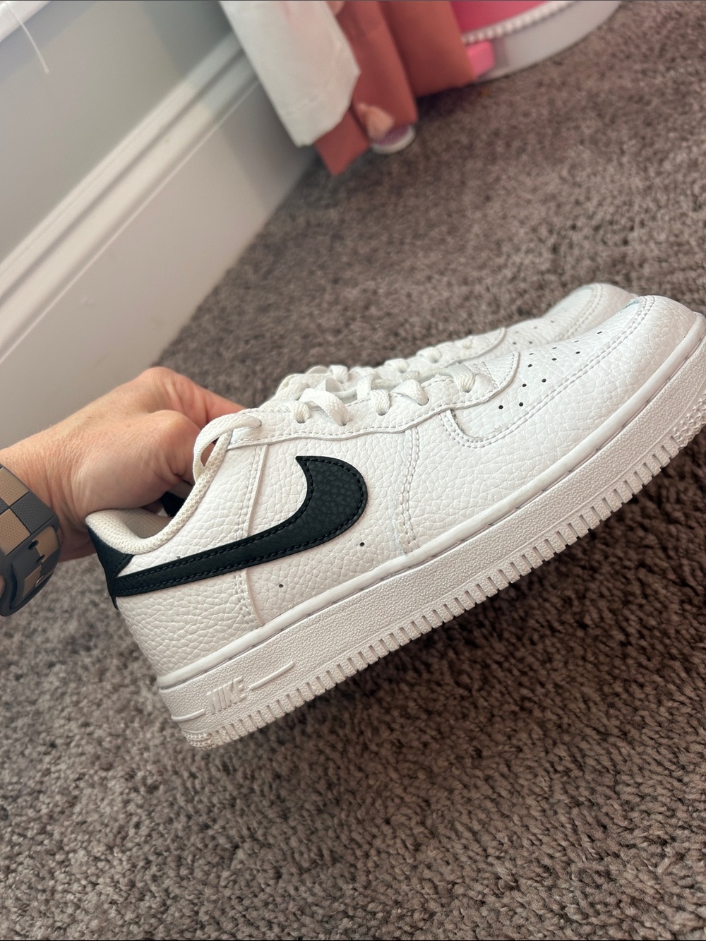 Nike White Air Force One Low-Top Leather Sneaker with Black Swoosh